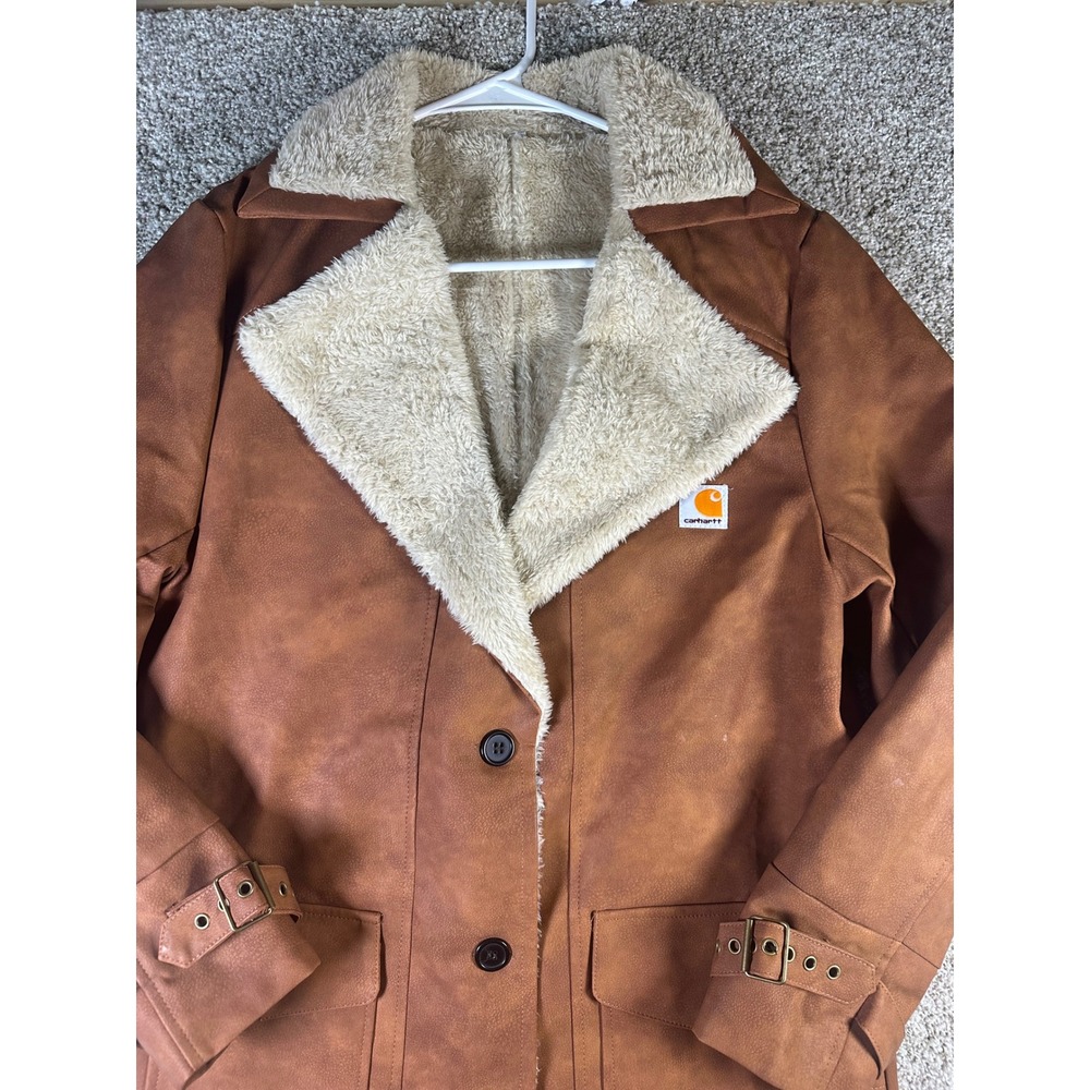 Carhartt Mens Brown Faux Suede Shearling Lined Longline Coat Jacket Size M